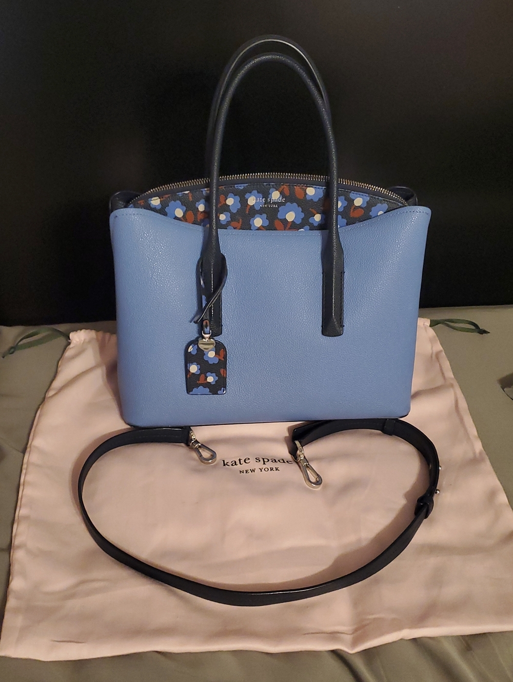 kate spade Periwinkle Blue Leather Satchel with Floral Trim